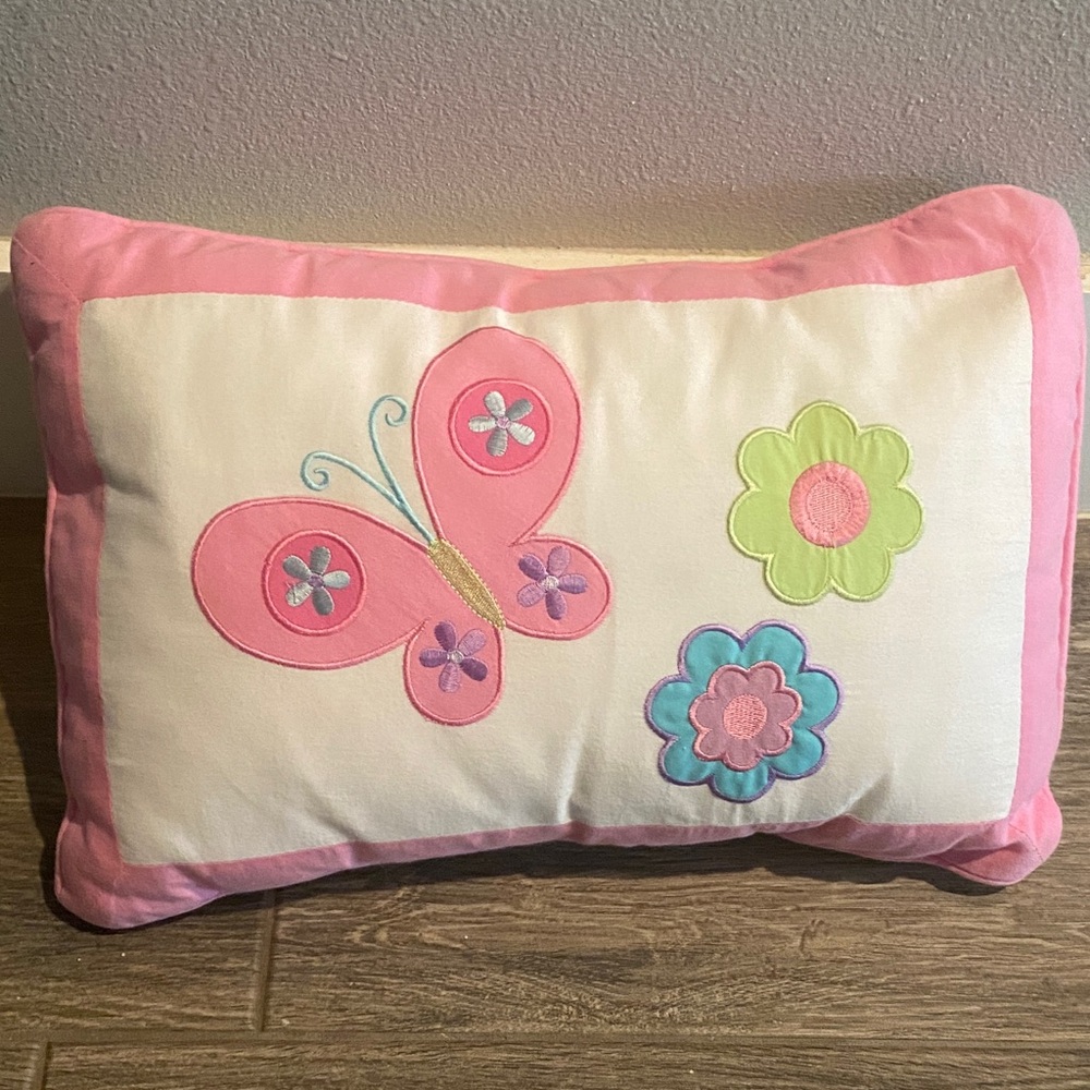 Pink Butterfly Floral Appliqué Decorative Pillow Cotton